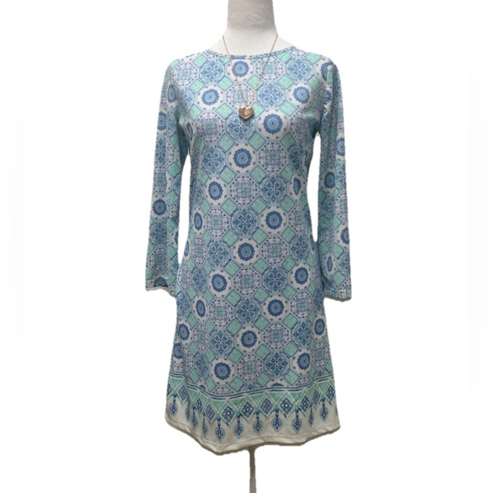 Cabana Life Geometric 3/4 Sleeve Stretch Shift Dress Blue Teal White Small